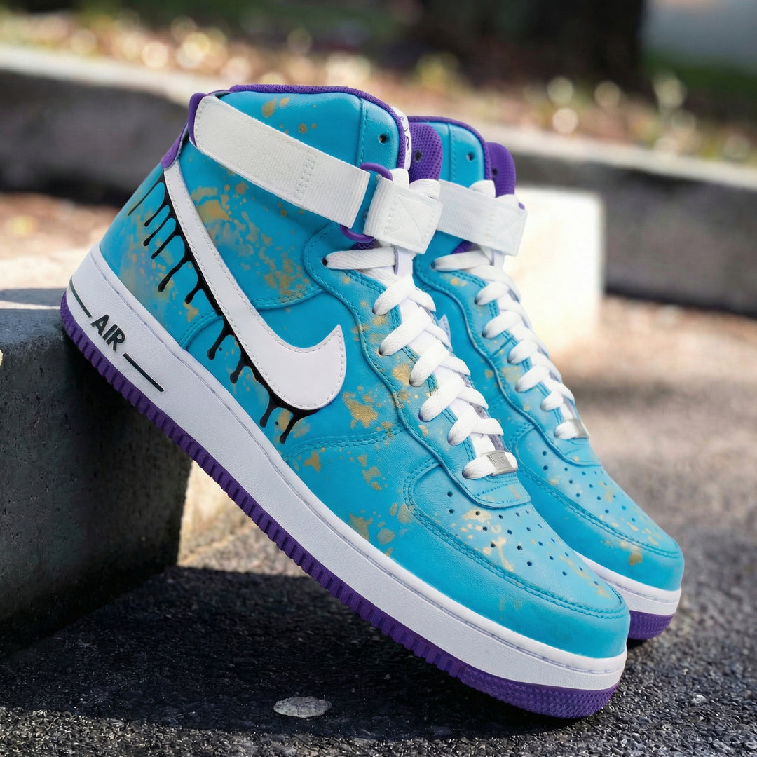 Custom Air Force 1 Blue Purple Drip and Gold Splatter Design
