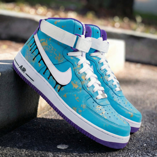 Custom Air Force 1 Blue Purple Drip and Gold Splatter Design