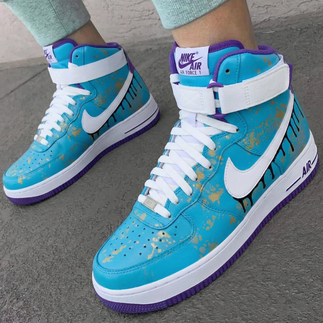 Custom Air Force 1 Blue Purple Drip and Gold Splatter Design