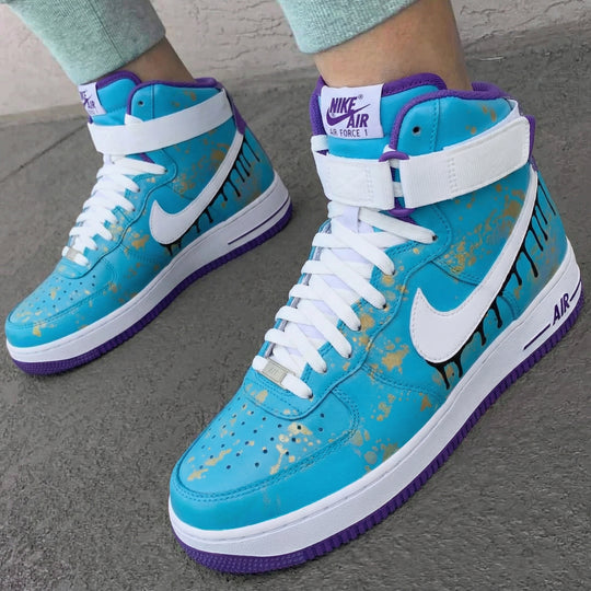 Custom Air Force 1 Blue Purple Drip and Gold Splatter Design