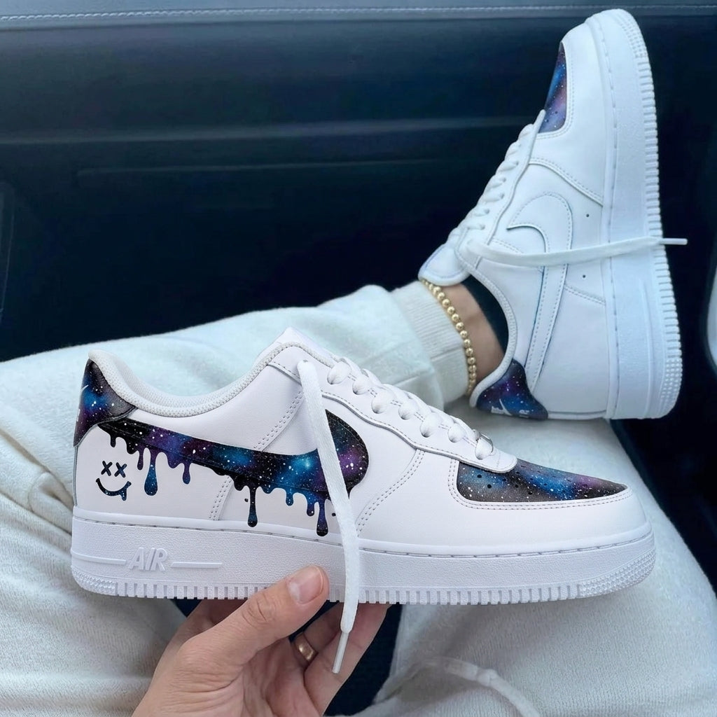 Custom Air Force 1 Blue Purple Galaxy Drippy Smiley