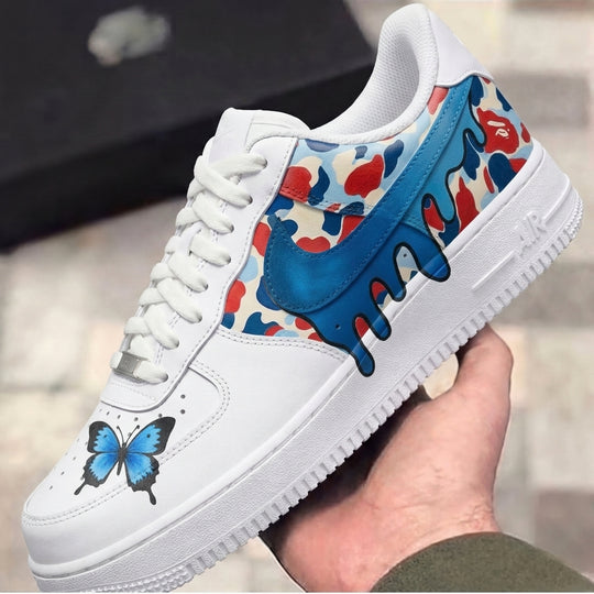 Custom Air Force 1 Blue Red Butterfly Drip Camo