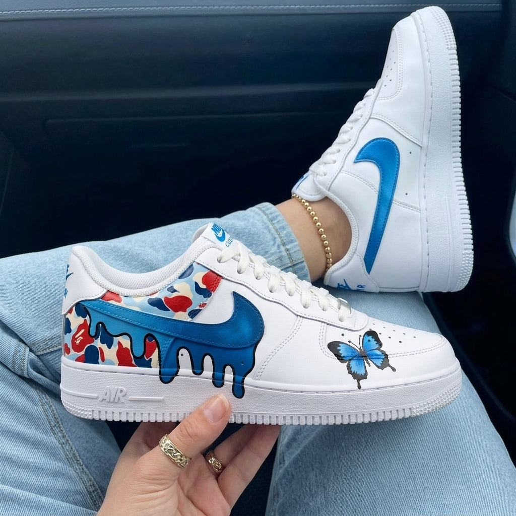Custom Air Force 1 Blue Red Butterfly Drip Camo