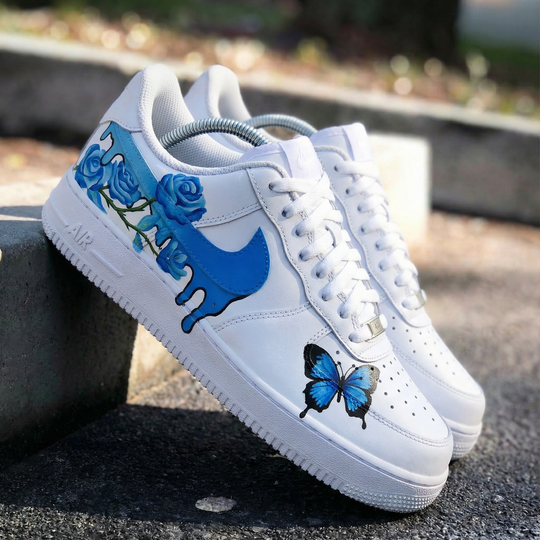 Custom Air Force 1 Blue Roses and Butterfly Design