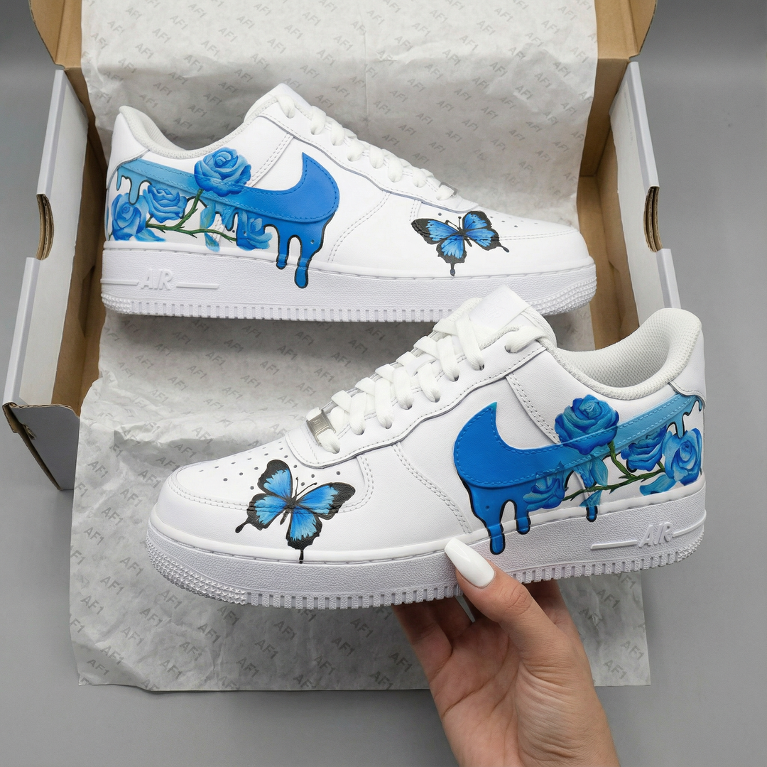 Custom Air Force 1 Blue Roses and Butterfly Design