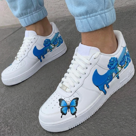 Custom Air Force 1 Blue Roses and Butterfly Design