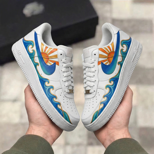 Custom Air Force 1 Blue Teal Orange Sun Waves