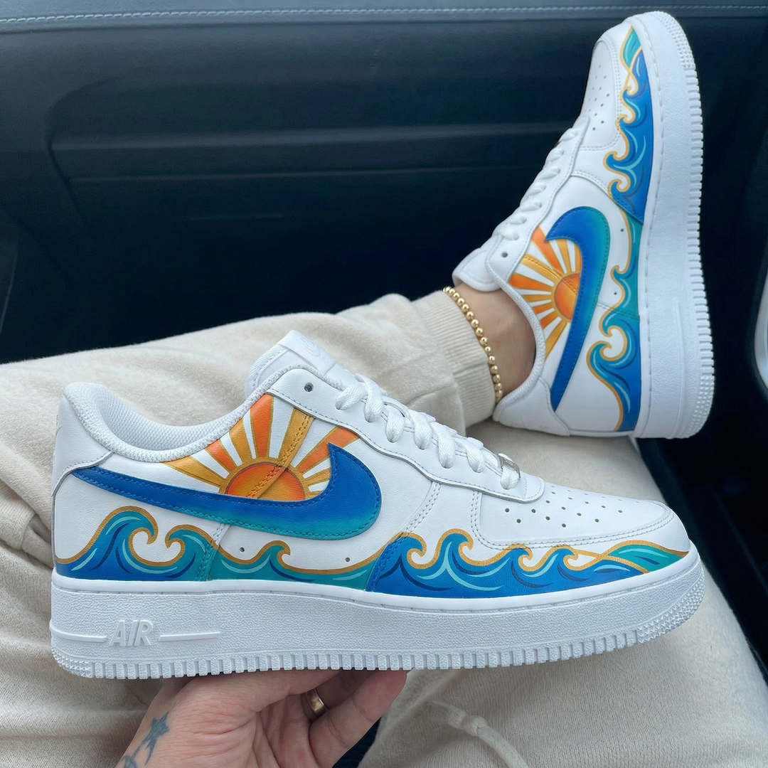 Custom Air Force 1 Blue Teal Orange Sun Waves