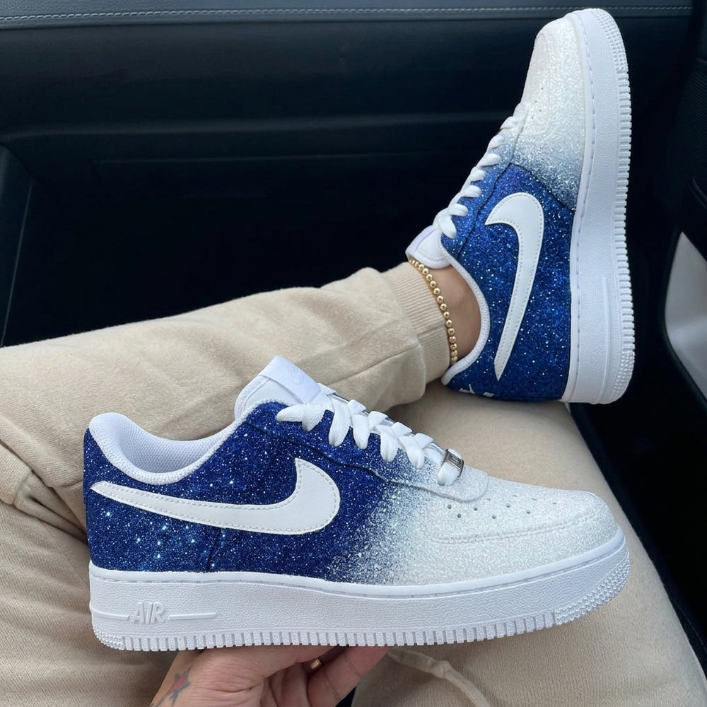 Custom Air Force 1 Blue White Glitter Gradient