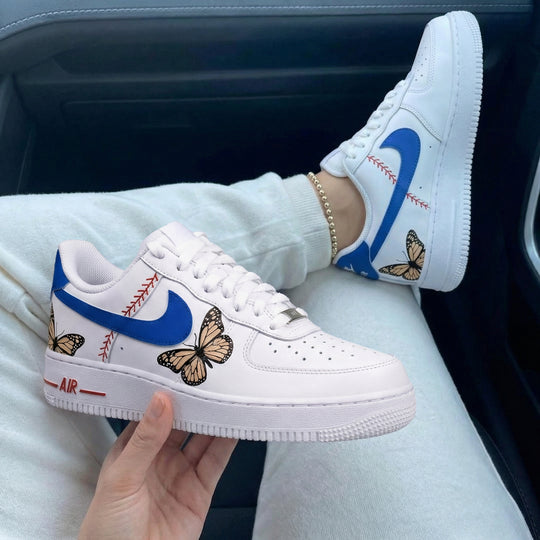 Custom Air Force 1 Blue with Butterflies and Baseball Stitches