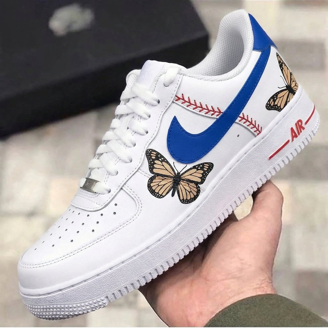 Custom Air Force 1 Blue with Butterflies and Baseball Stitches