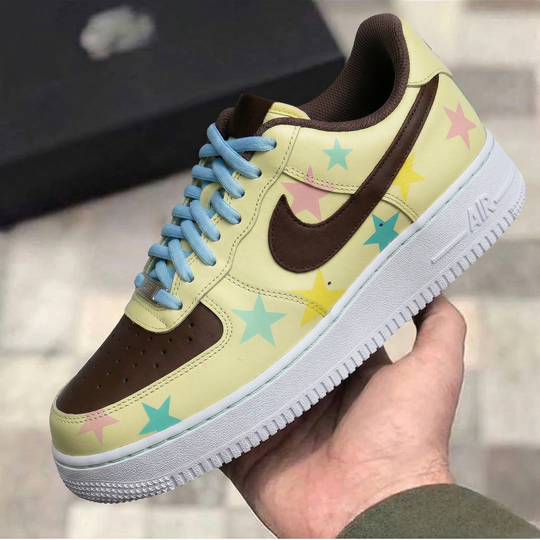 Custom Air Force 1 Brown Baby Blue Baby Pink Yellow Stars