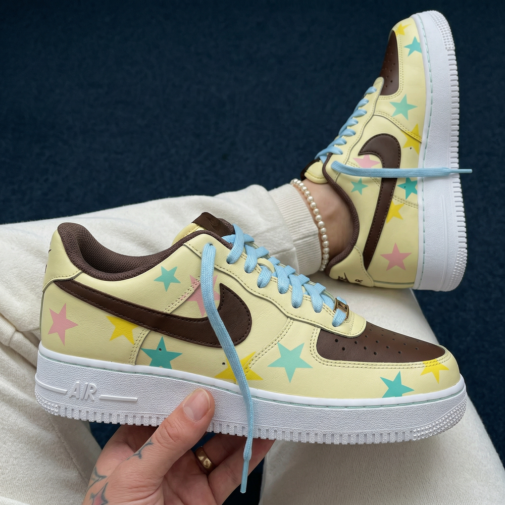 Custom Air Force 1 Brown Baby Blue Baby Pink Yellow Stars