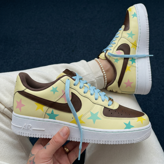 Custom Air Force 1 Brown Baby Blue Baby Pink Yellow Stars