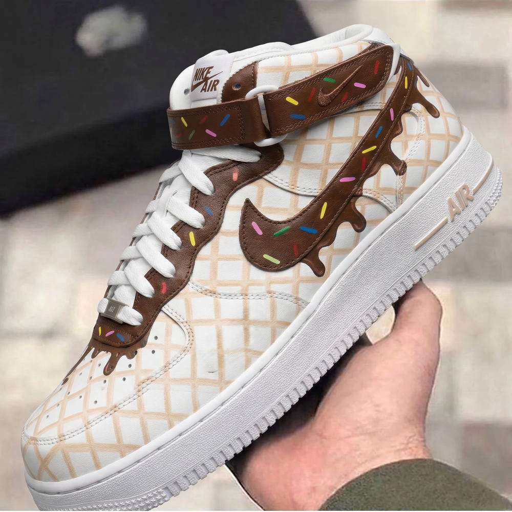 Custom Air Force 1 Brown Beige Chocolate Drip Colorful Sprinkles Waffle Pattern