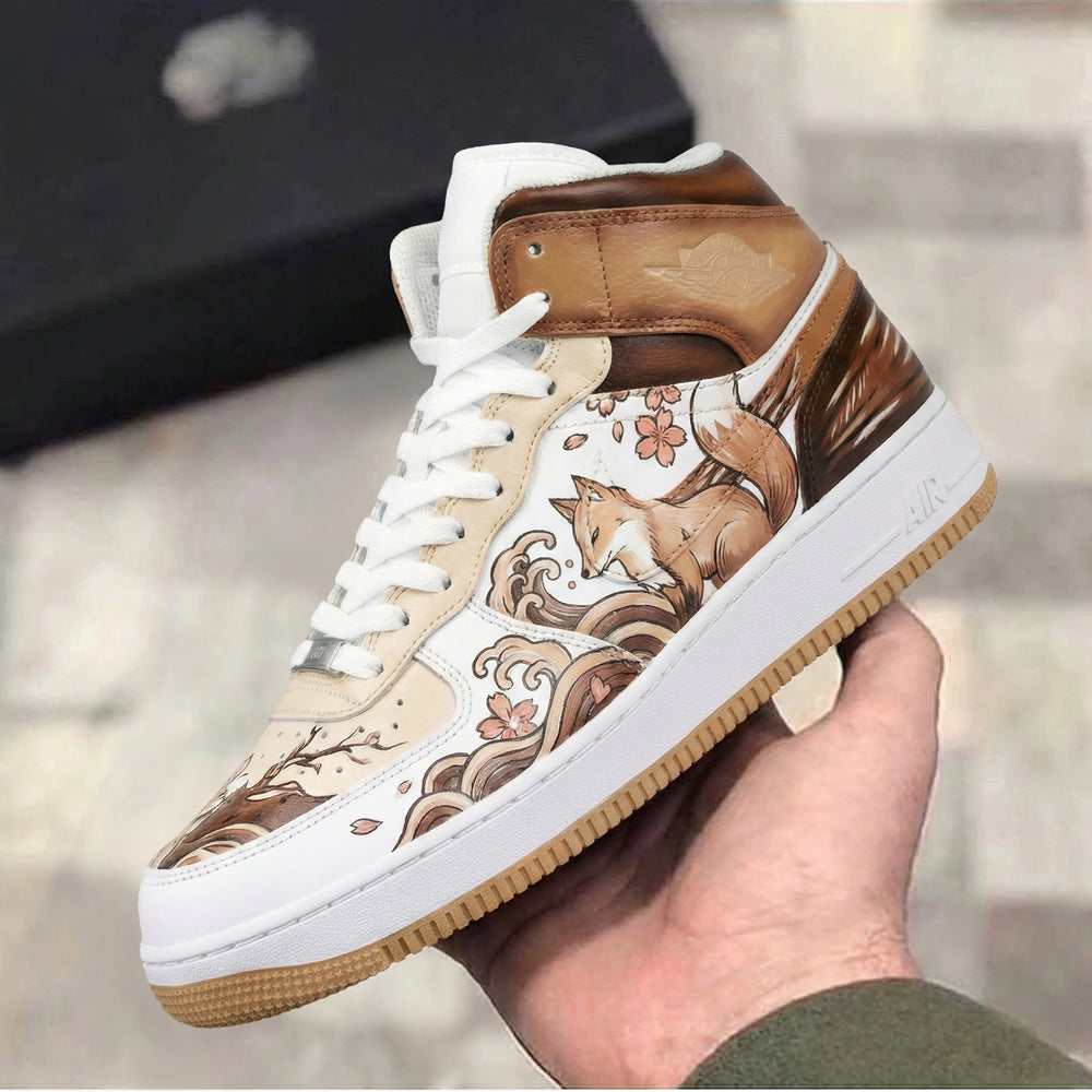 Custom Air Force 1 Brown Beige Fox and Cherry Blossom Design