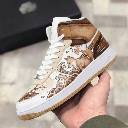 Custom Air Force 1 Brown Beige Fox and Cherry Blossom Design