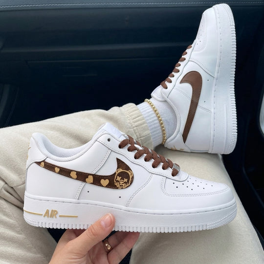Custom Air Force 1 Brown Gold Bear Hearts