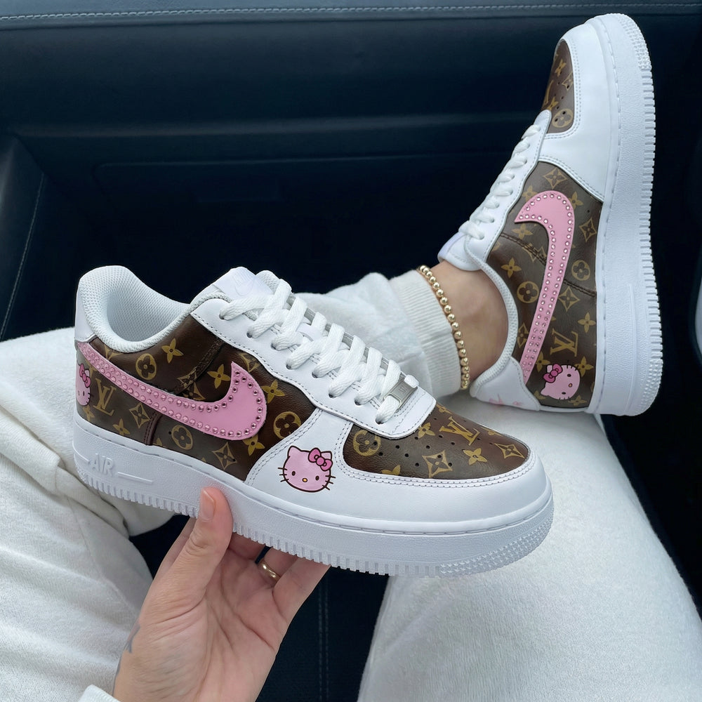 Custom Air Force 1 Brown Pink LV Pattern Hello Kitty