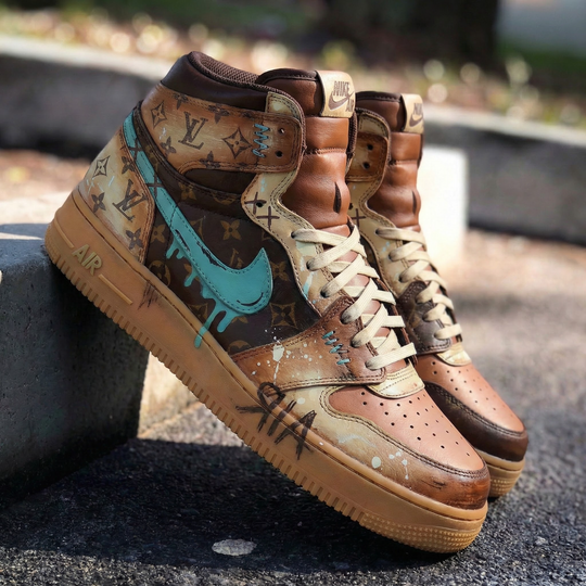 Custom Air Force 1 Brown Teal LV Pattern