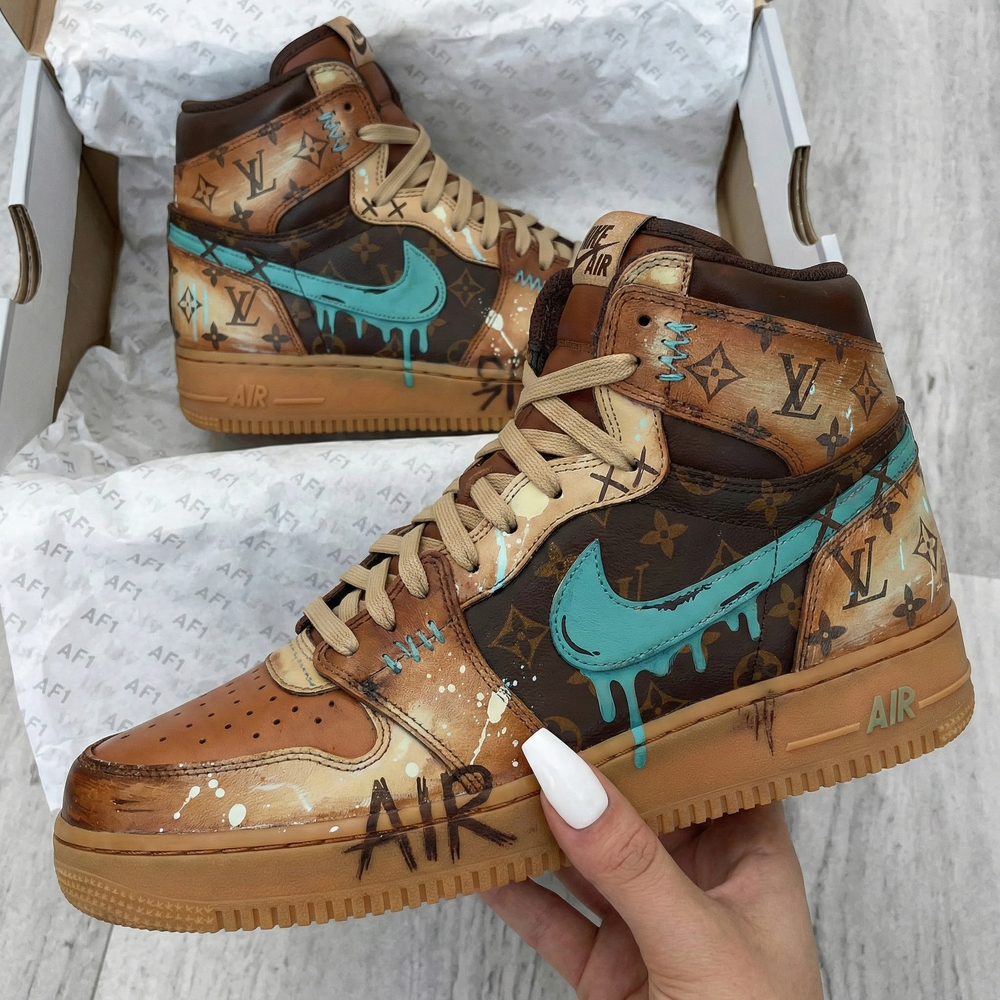 Custom Air Force 1 Brown Teal LV Pattern