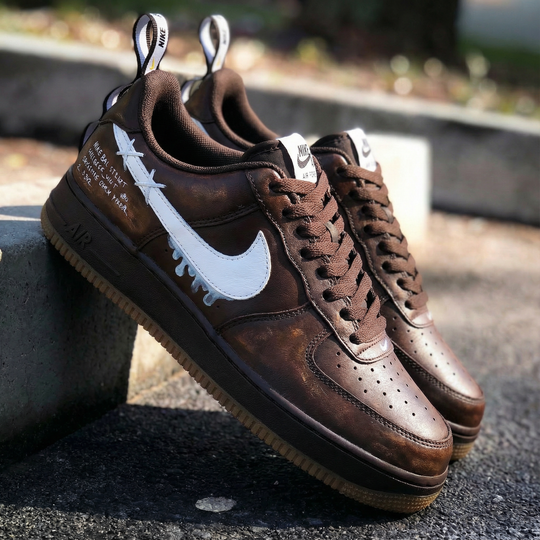 Custom Air Force 1 Brown White with Dripping Swoosh and Text Design