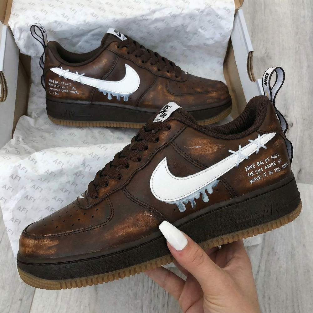 Custom Air Force 1 Brown White with Dripping Swoosh and Text Design