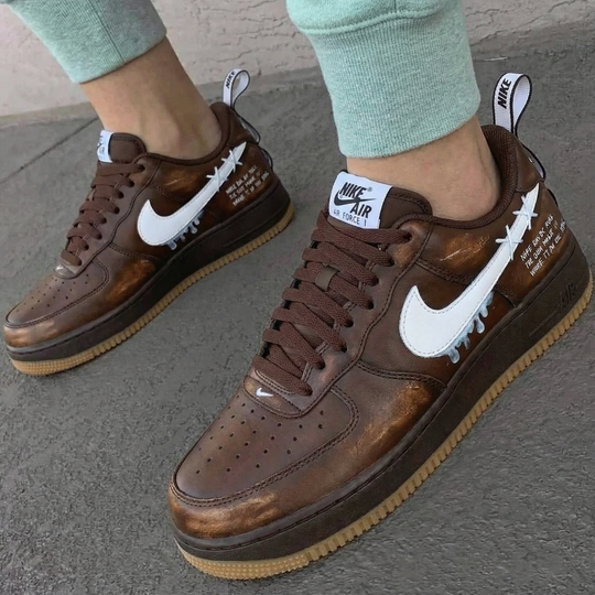 Custom Air Force 1 Brown White with Dripping Swoosh and Text Design