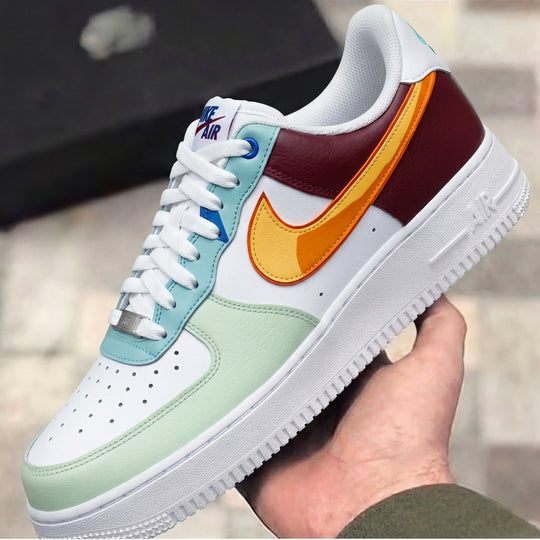 Custom Air Force 1 Burgundy Baby Blue Mint Gradient Swoosh