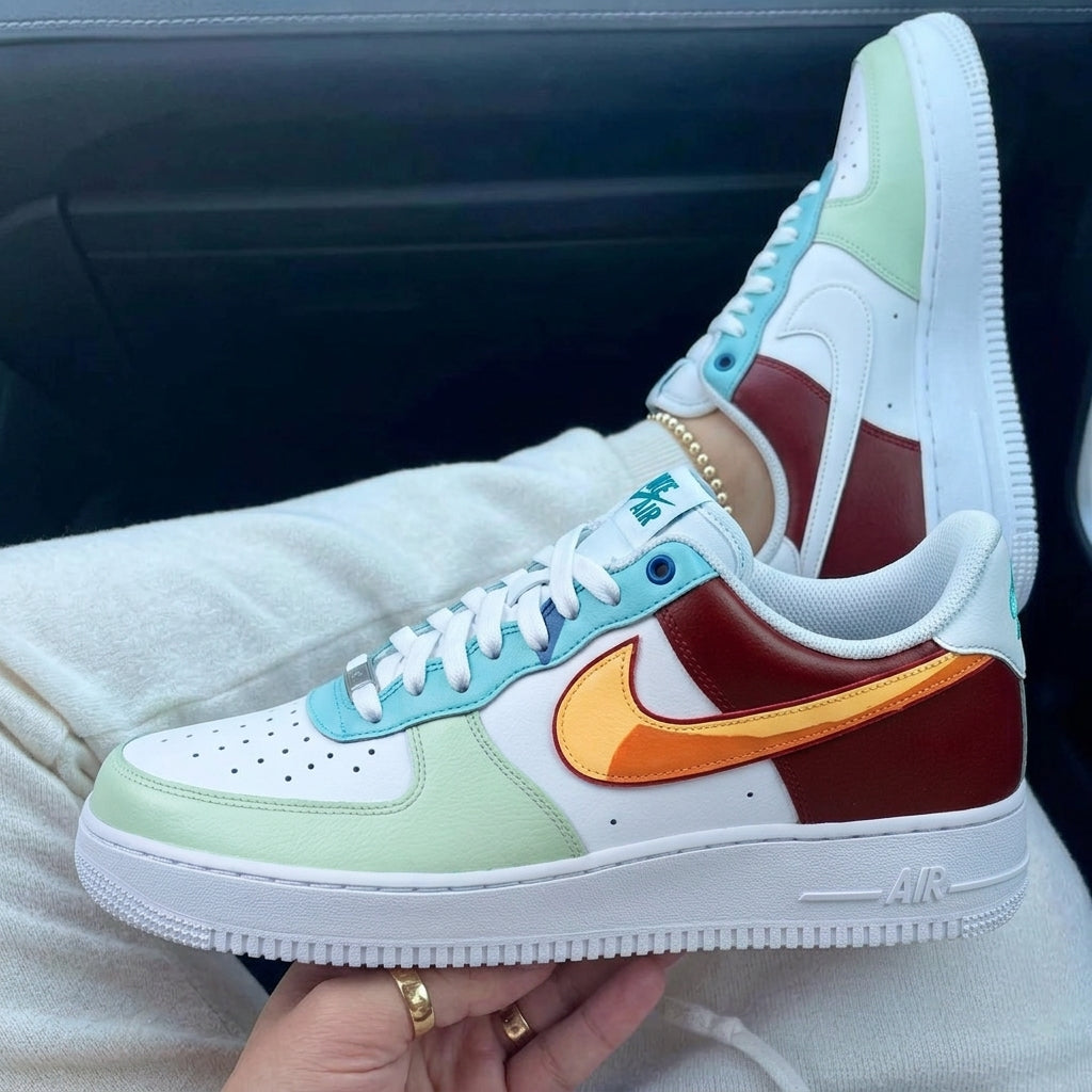 Custom Air Force 1 Burgundy Baby Blue Mint Gradient Swoosh