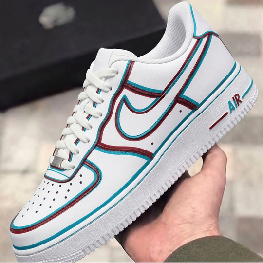 Custom Air Force 1 Burgundy Teal Cartoon Outline