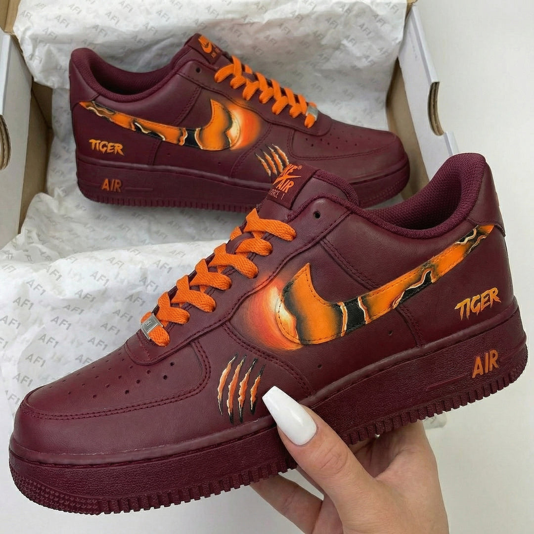 Custom Air Force 1 Burgundy Tiger Theme