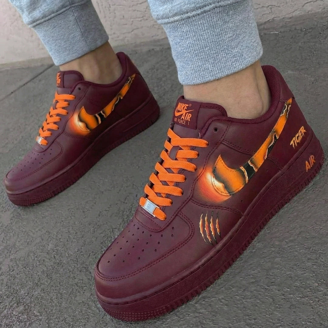 Custom Air Force 1 Burgundy Tiger Theme