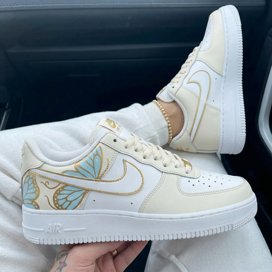 Custom Air Force 1 Cream Baby Blue Gold Butterflies