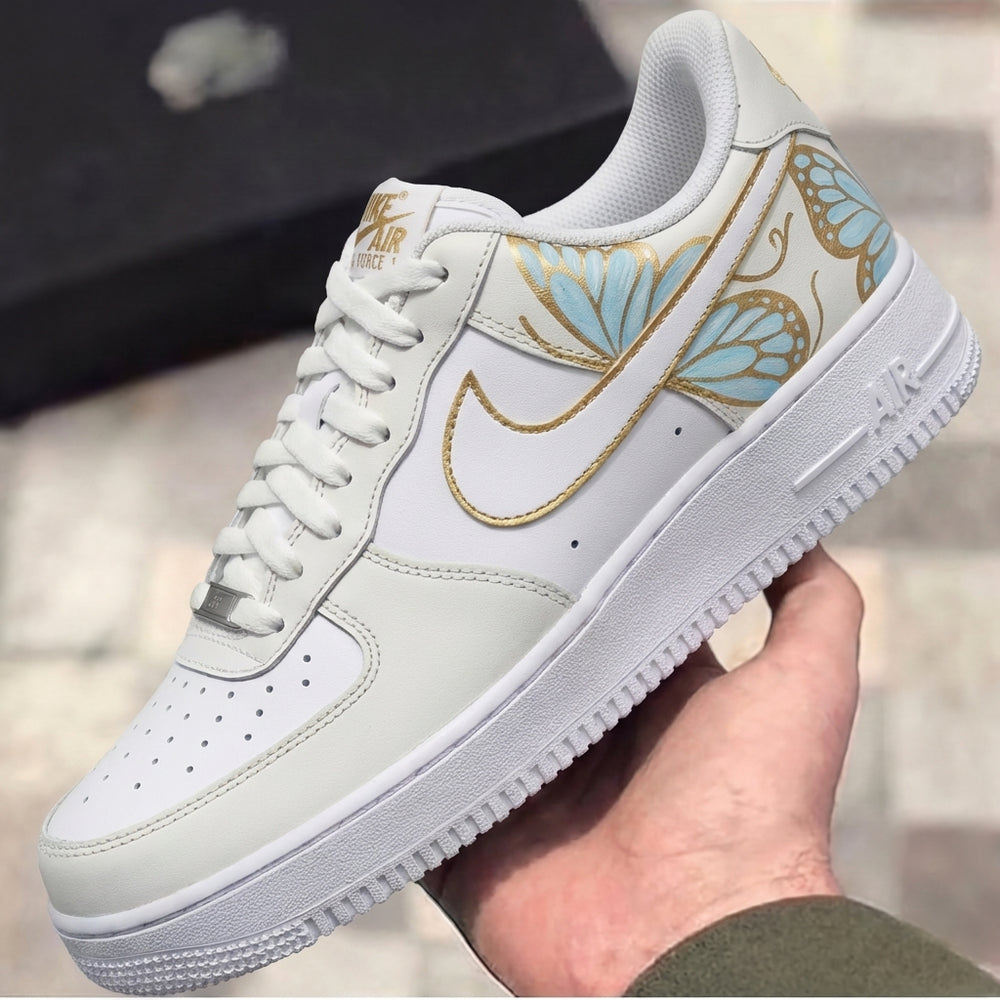 Custom Air Force 1 Cream Baby Blue Gold Butterflies