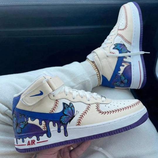 Custom Air Force 1 Cream Blue Purple with Butterflies