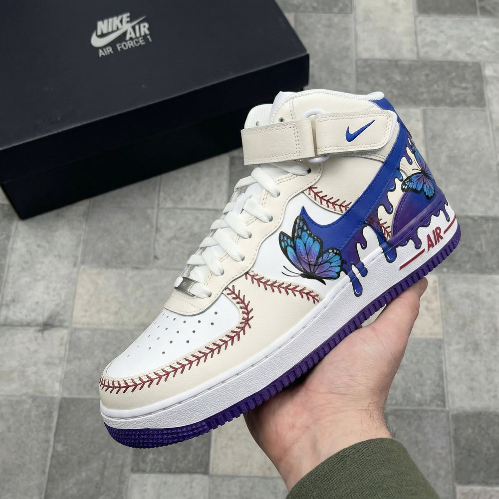 Custom Air Force 1 Cream Blue Purple with Butterflies