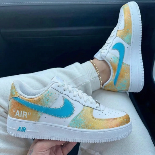Custom Air Force 1 Gold Teal Splatter Design