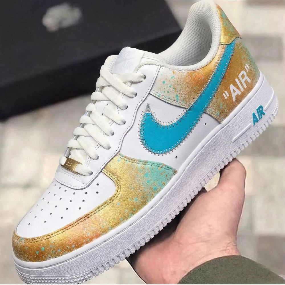 Custom Air Force 1 Gold Teal Splatter Design