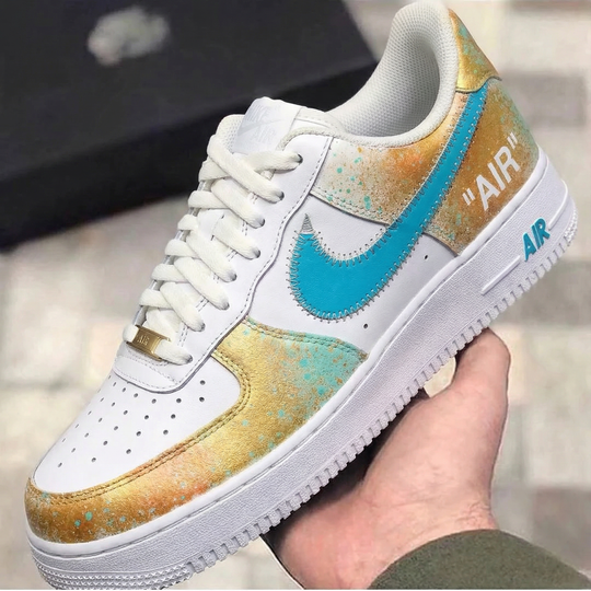 Custom Air Force 1 Gold Teal Splatter Design
