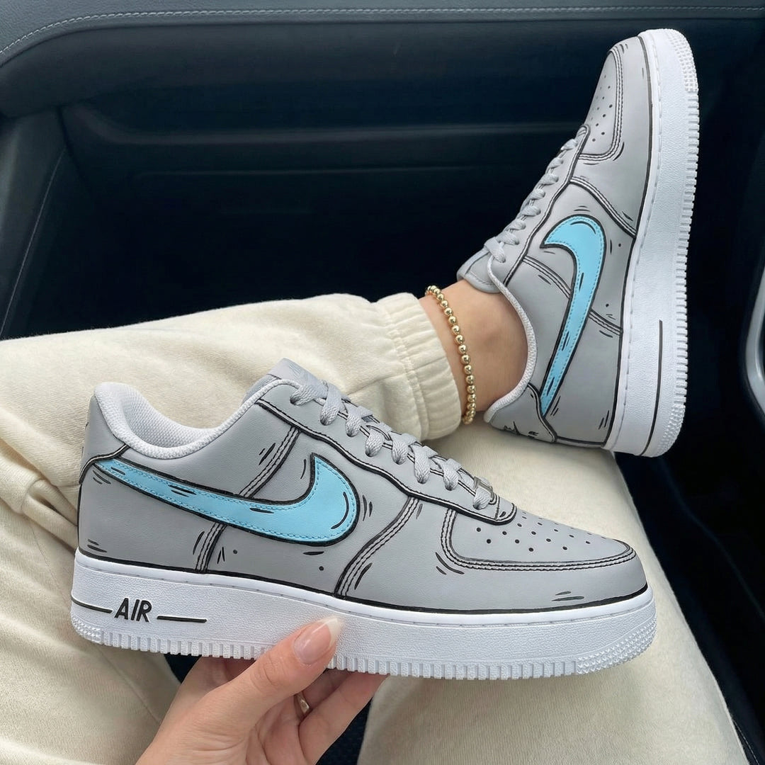Custom Air Force 1 Gray Baby Blue Cartoon Design