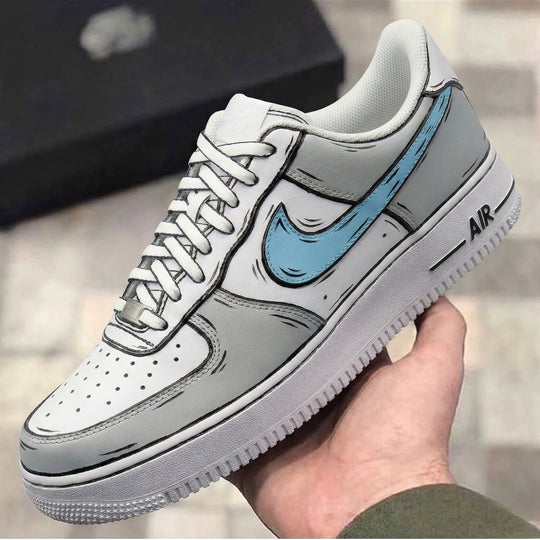 Custom Air Force 1 Gray Baby Blue Comic Style Design