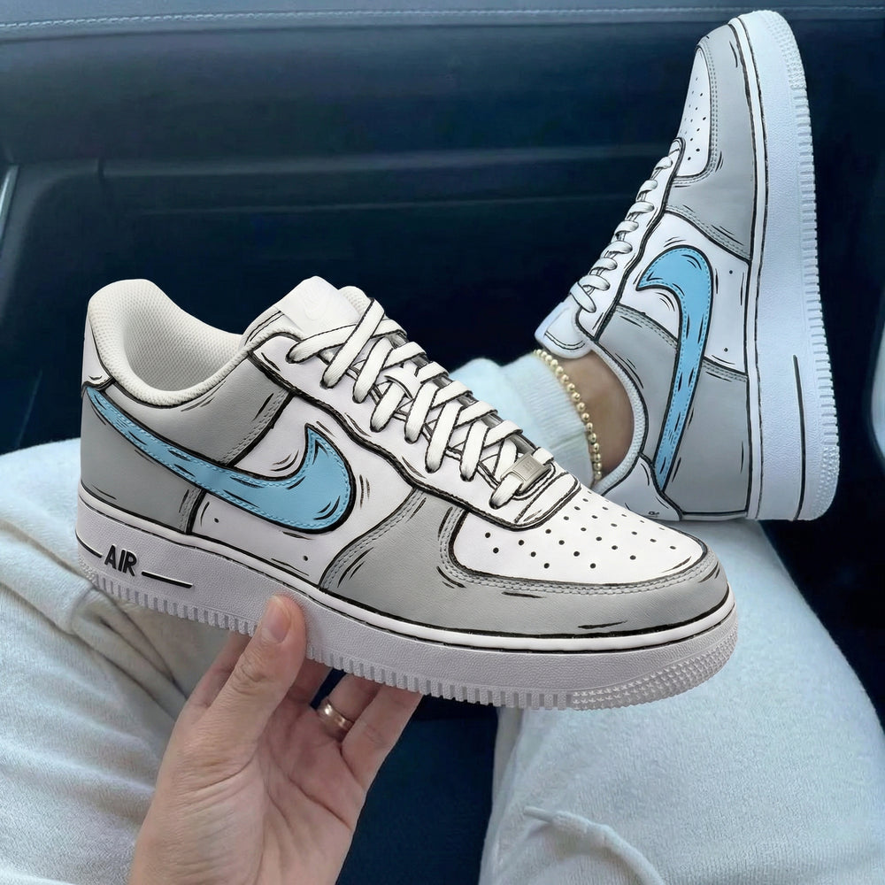Custom Air Force 1 Gray Baby Blue Comic Style Design