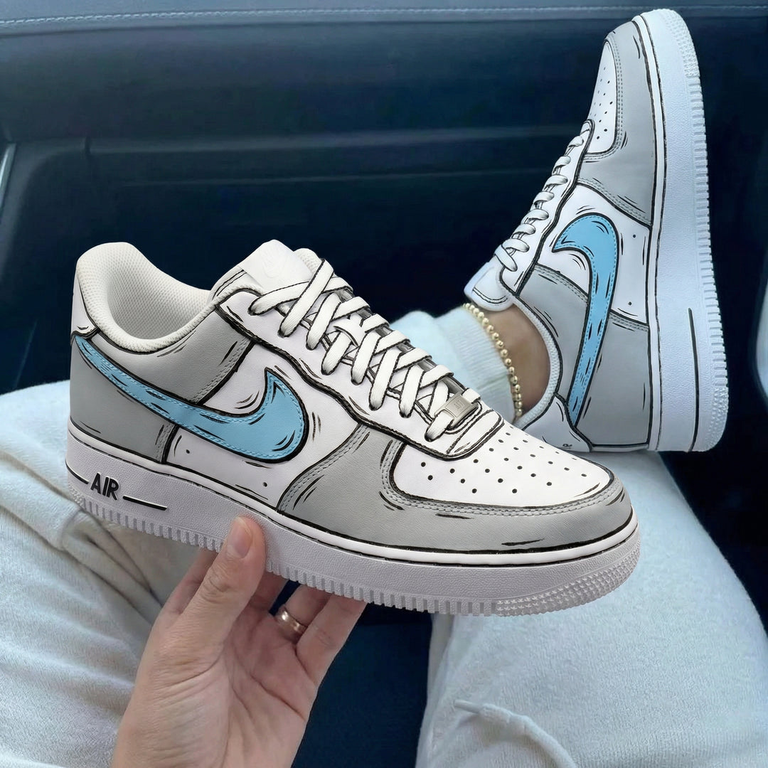 Custom Air Force 1 Gray Baby Blue Comic Style Design