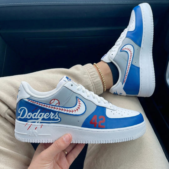 Custom Air Force 1 Gray Blue Dodgers Baseball Stitch Number 42