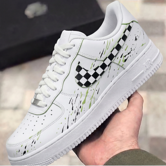 Custom Air Force 1 Green Black Checkerboard Swoosh Splash