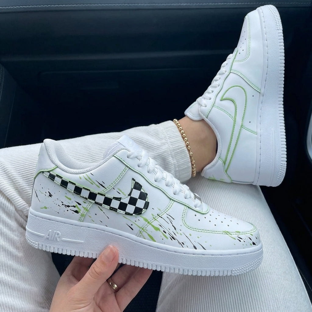 Custom Air Force 1 Green Black Checkerboard Swoosh Splash
