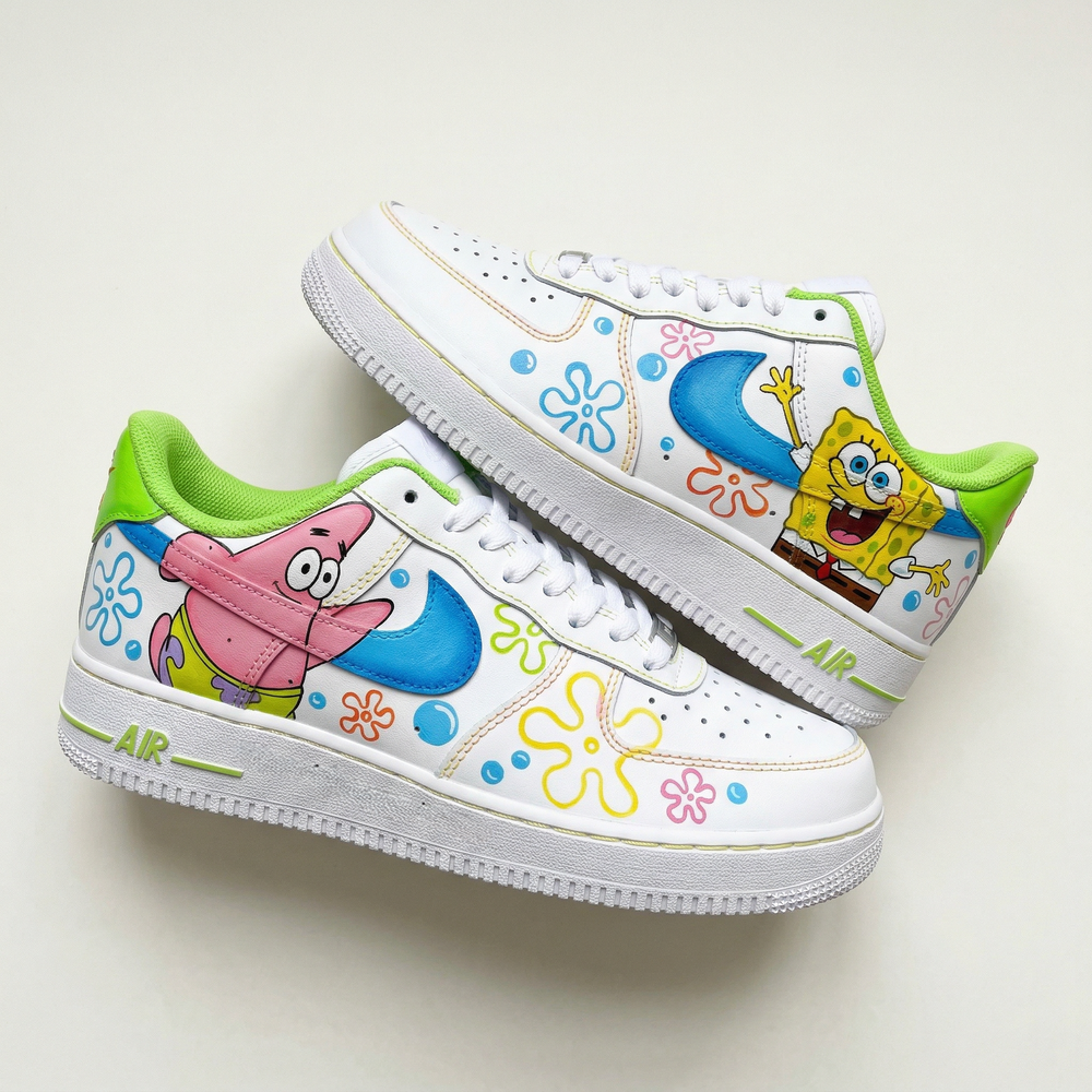 Custom Air Force 1 Green Blue Pink SpongeBob Patrick Star Flowers Bubbles