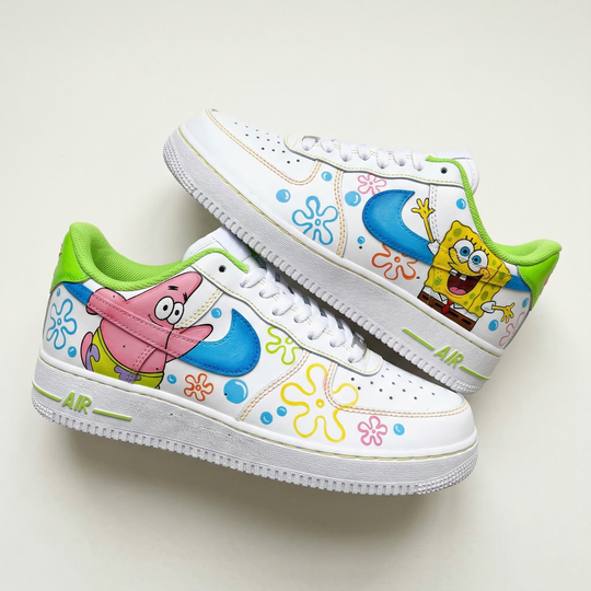 Custom Air Force 1 Green Blue Pink SpongeBob Patrick Star Flowers Bubbles