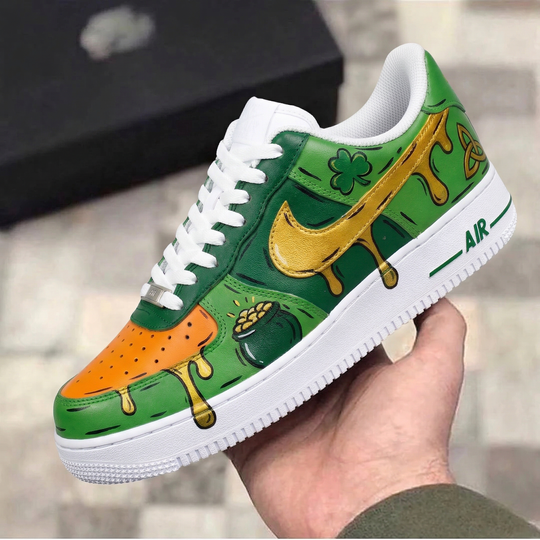Custom Air Force 1 Green Orange Clover Leprechaun Hat Gold Drip